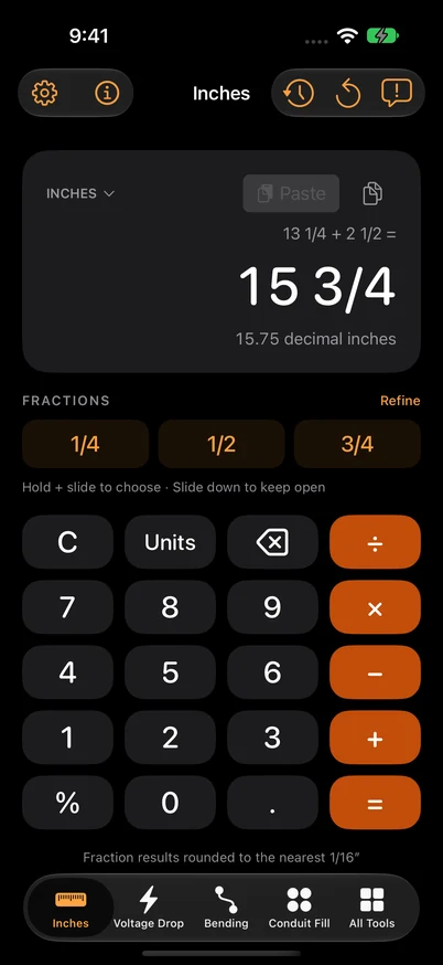 13¼ + 2½ gives 15¾ inches in the Inches calculator.