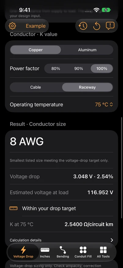 Canada-mode voltage-drop result: 8 AWG, 3.048 V and 2.54% drop for the example.