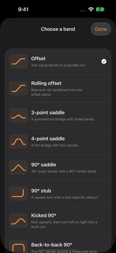 The app bend selector showing offset, rolling offset, saddle and 90-degree options.