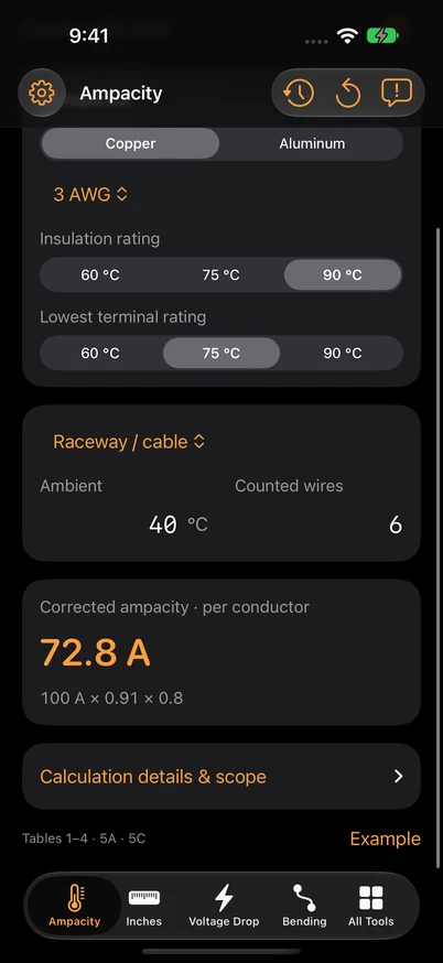 Ampacity setup with 3 AWG copper, 90°C insulation, 75°C terminals, 40°C ambient and six counted wires.
