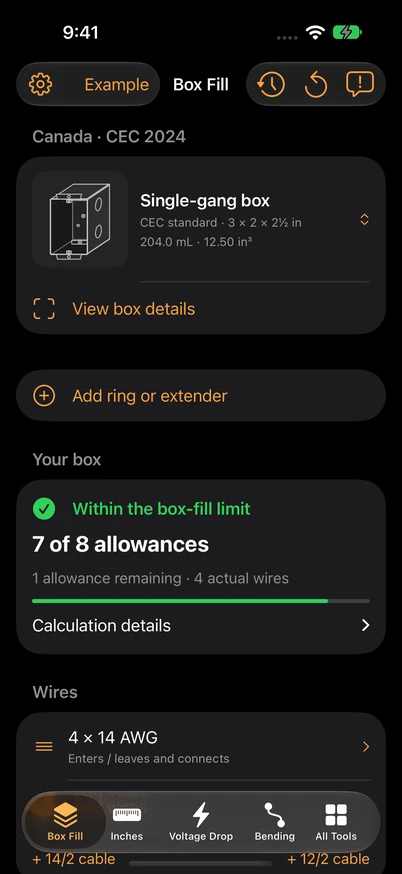 Box Fill example with four 14 AWG wires in a single-gang box.