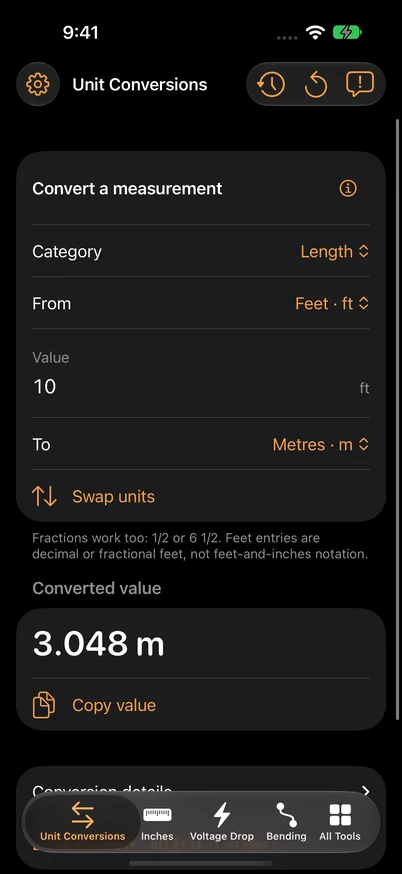 Length conversion: 10 feet becomes 3.048 metres.