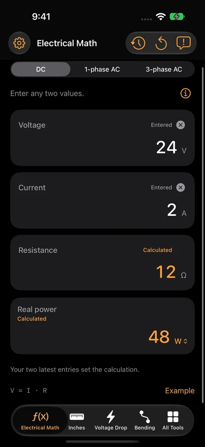 DC mode with 24 volts and 2 amps entered, calculating 12 ohms and 48 watts.