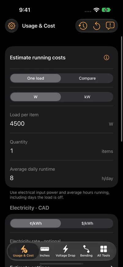 Usage & Cost input: one 4,500 W load operating eight hours per day.
