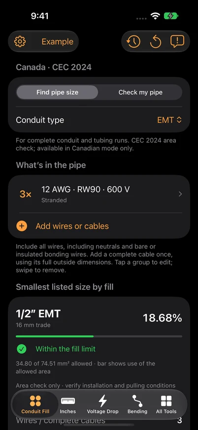 Canada-mode Conduit Fill inputs for three 12 AWG RW90 600 V stranded conductors.