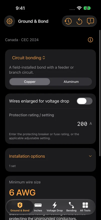 Ground & Bond set to circuit bonding, copper and a 200 A protection rating.