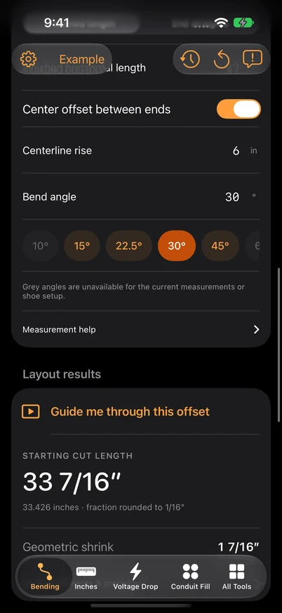 Offset layout with finished length, rise, angle and the Guide me through this offset control.