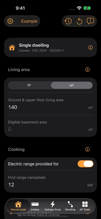 Single-dwelling inputs, including floor area, cooling and cooking provisions.