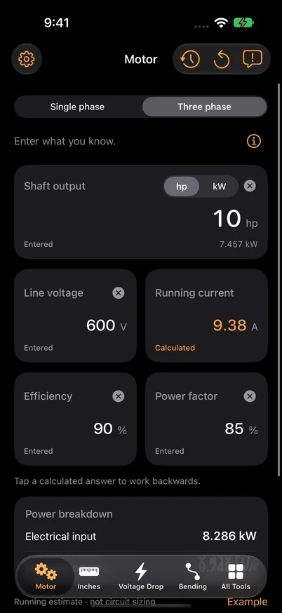 Three-phase motor inputs: 10 hp, 600 V, 90% efficiency and 85% power factor.