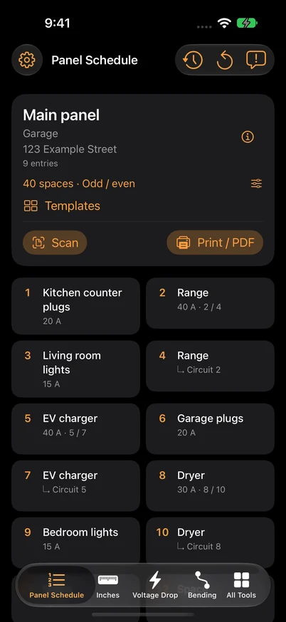 Panel Schedule with a fictional Main panel directory, circuit descriptions and Print / PDF control.