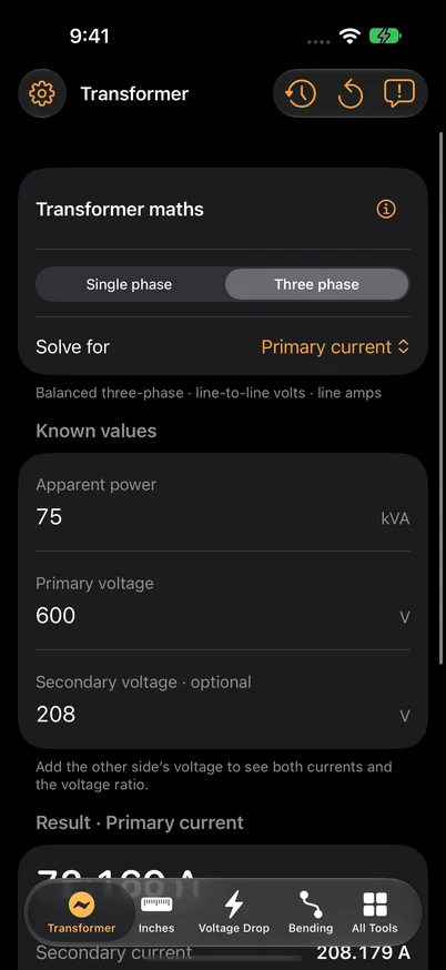 Transformer input: three phase, 75 kVA, 600 V primary and 208 V secondary.