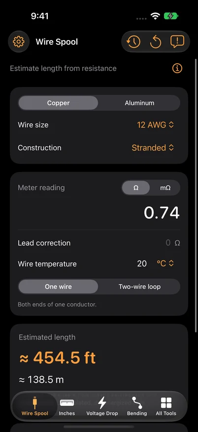 Wire Spool inputs for 12 AWG stranded copper and a 0.74 ohm reading.